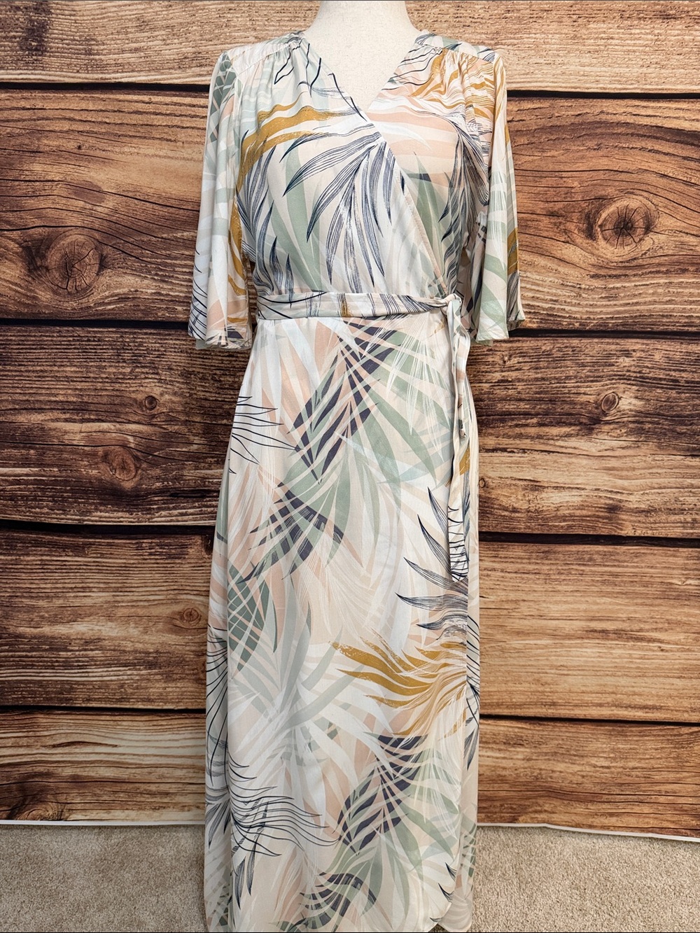 Molly Bracken Pastel Leaf-Print Wrap Maxi Dress in Sage, Cream & Mustard